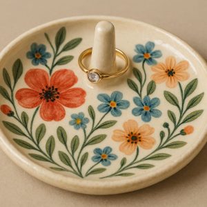 Ceramic Ring Dish and Jewelry Tray with Glazed Floral Pattern